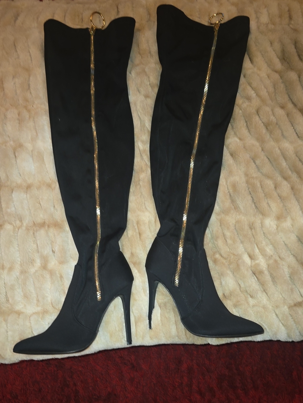 Black Over-the-Knee Stiletto Boots with Gold Zip